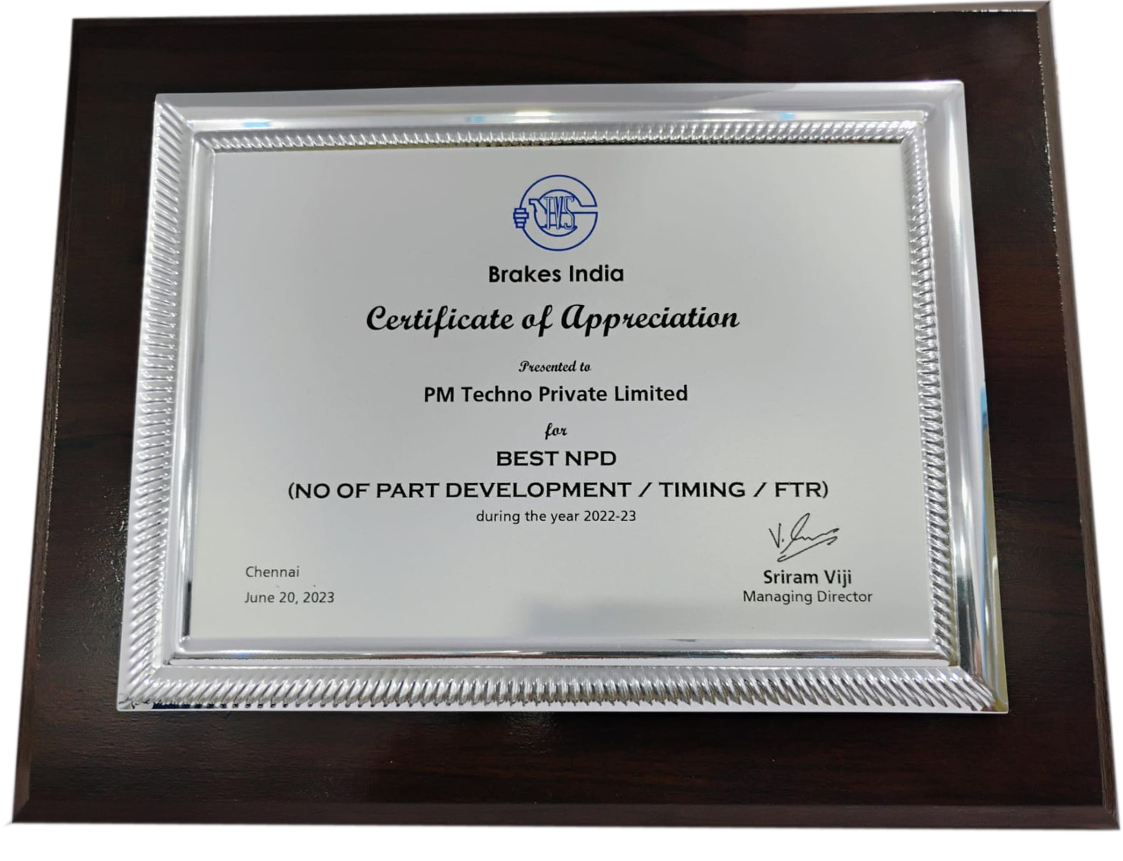 Certificate of Appreciation - Brakes India